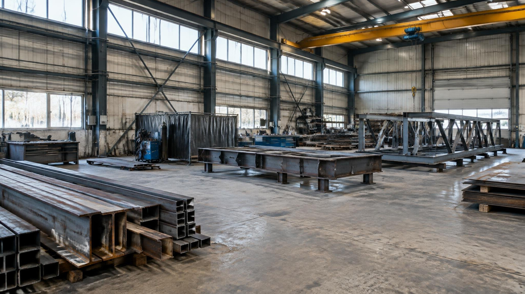 Large industrial steel structure in a workshop with weathered metal beams
