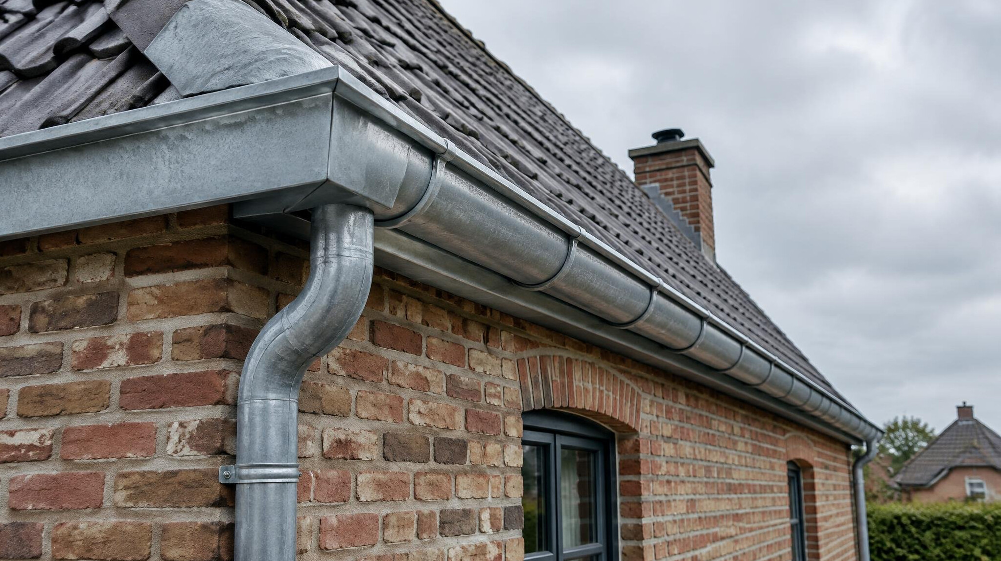 Metal roof and gutters of a brick house in a rainy climate