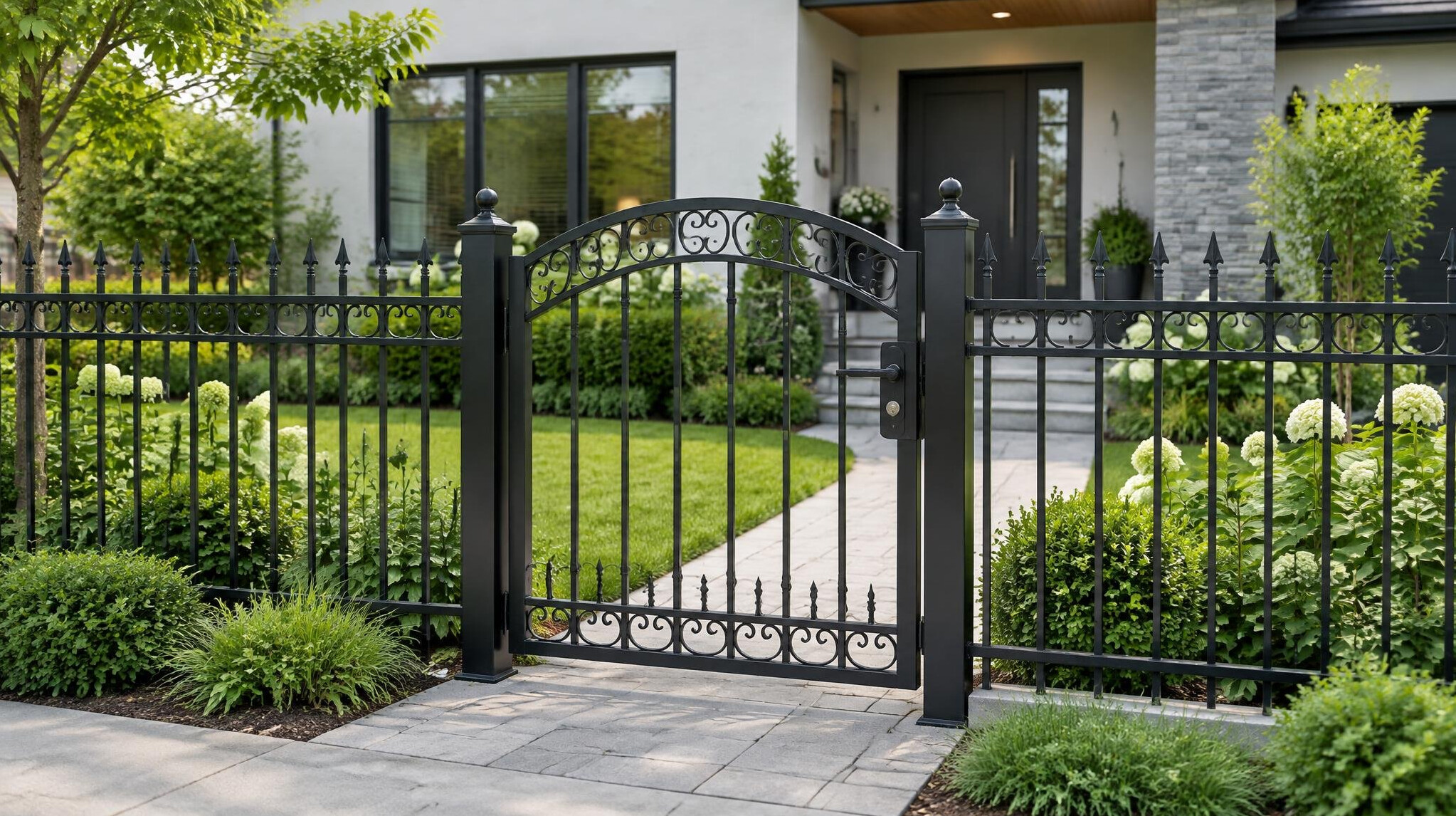 Wrought iron garden gate and fence of a house