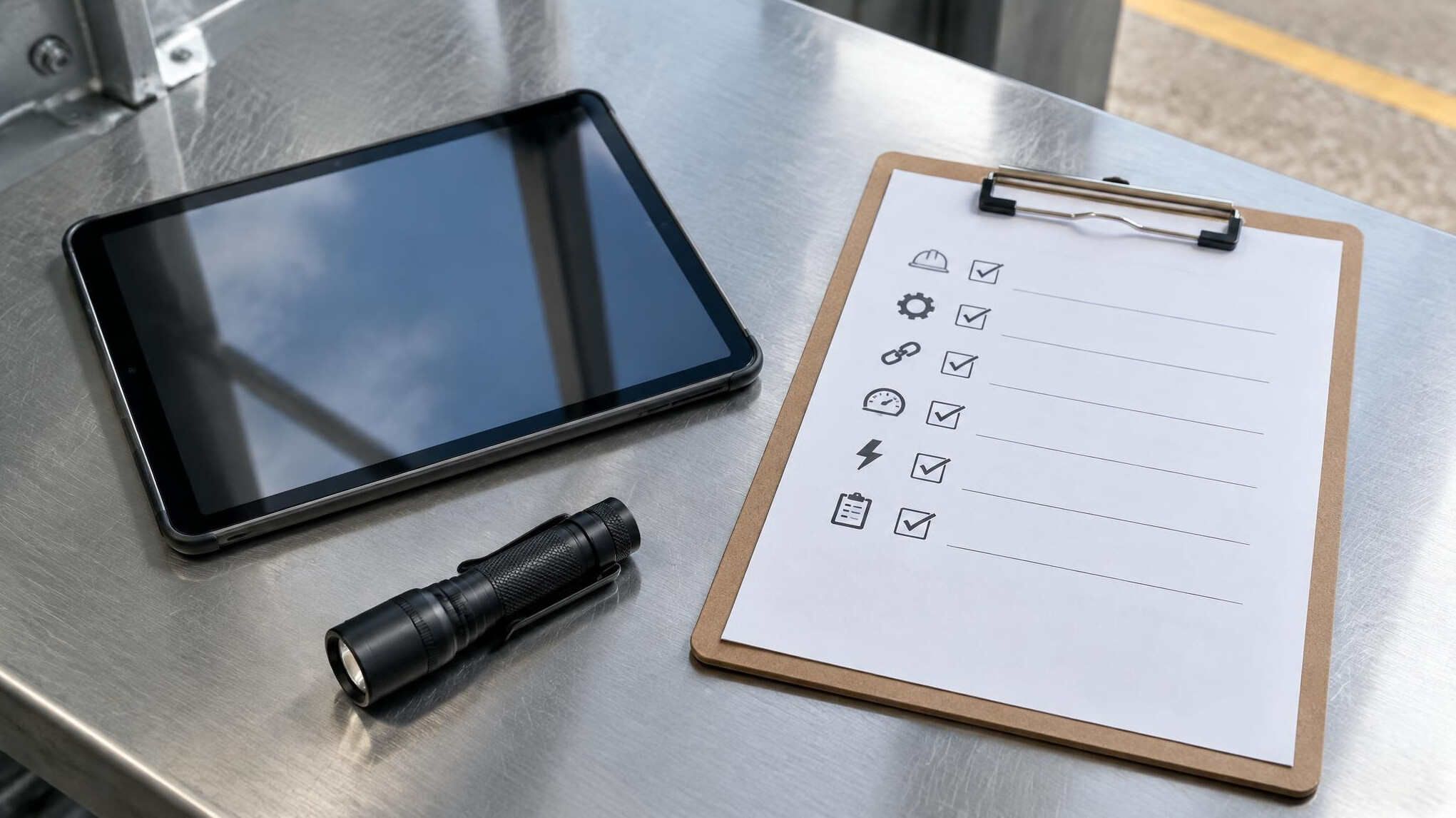 Inspection tablet and clipboard on a metal surface for diagnostics