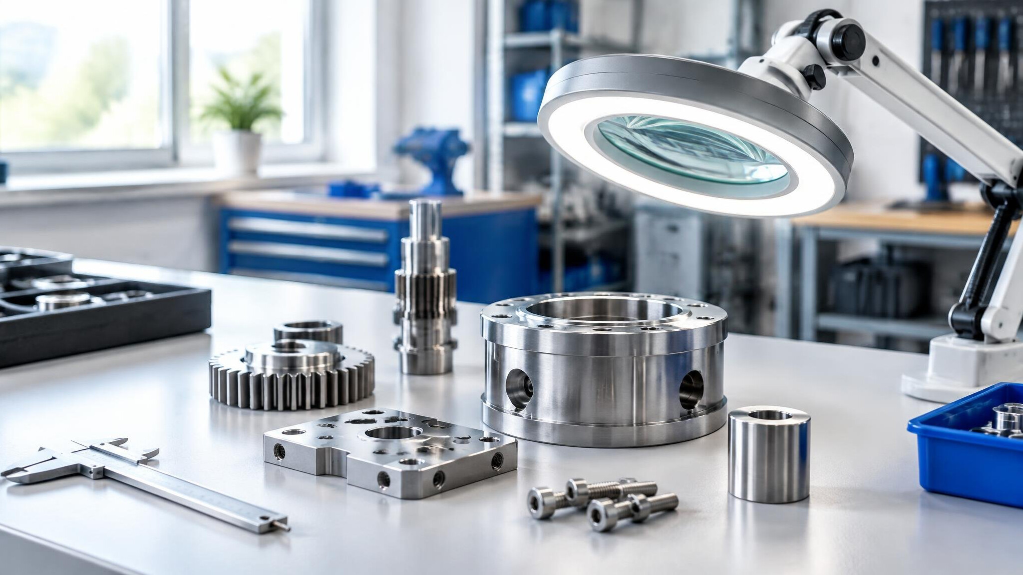 Metal parts being inspected on a workbench in a workshop