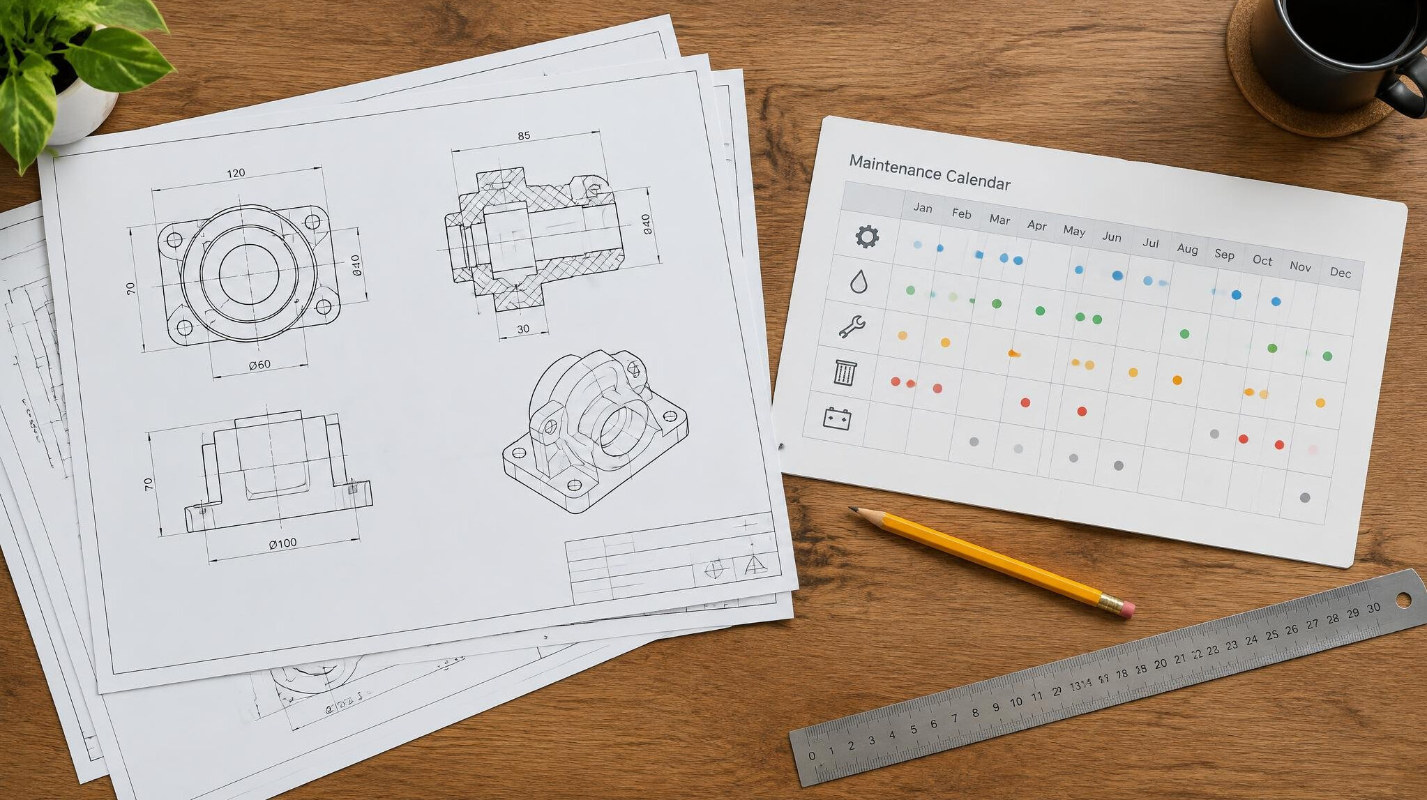 Technical drawings and blueprints on a desk for maintenance planning
