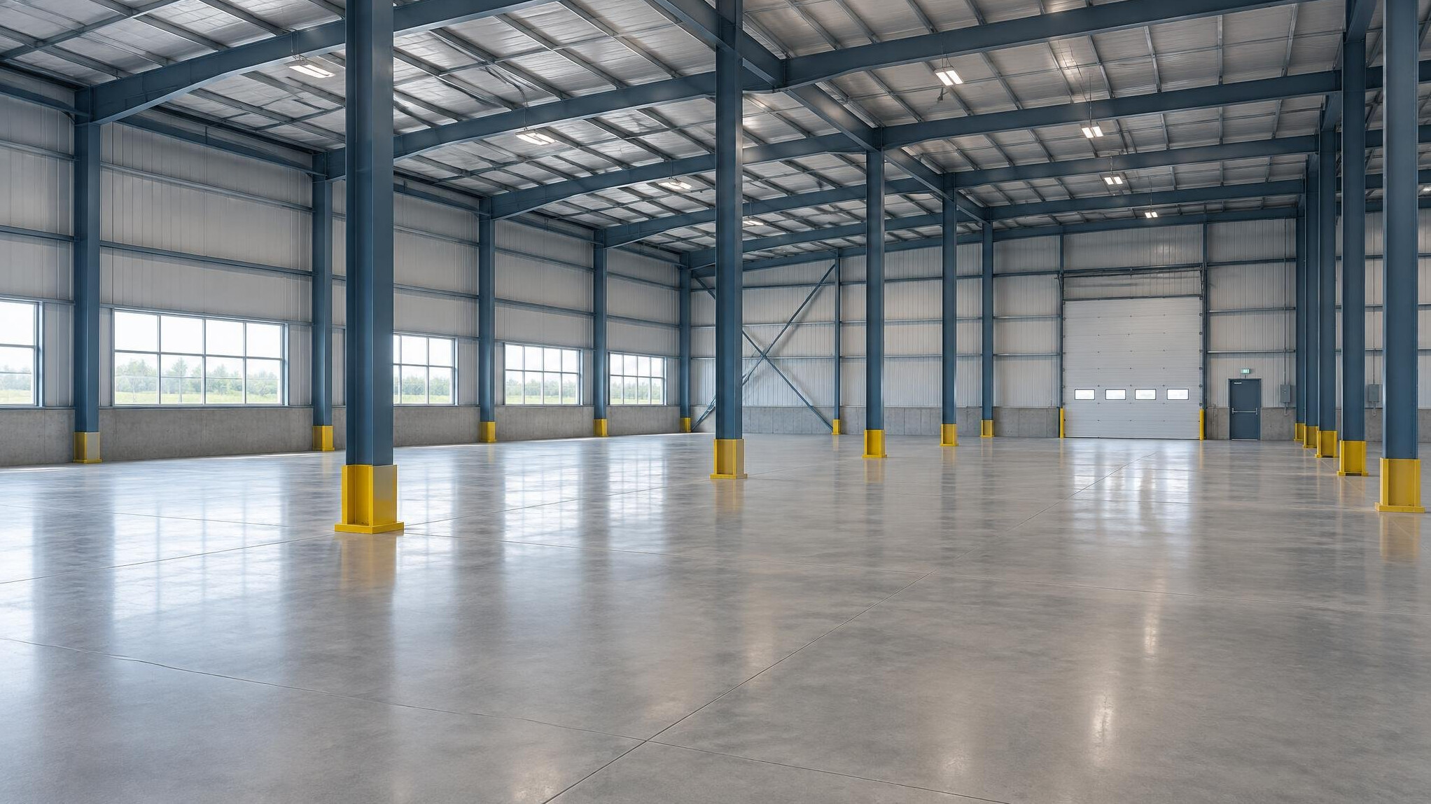 Industrial warehouse with steel columns and painted metal surfaces