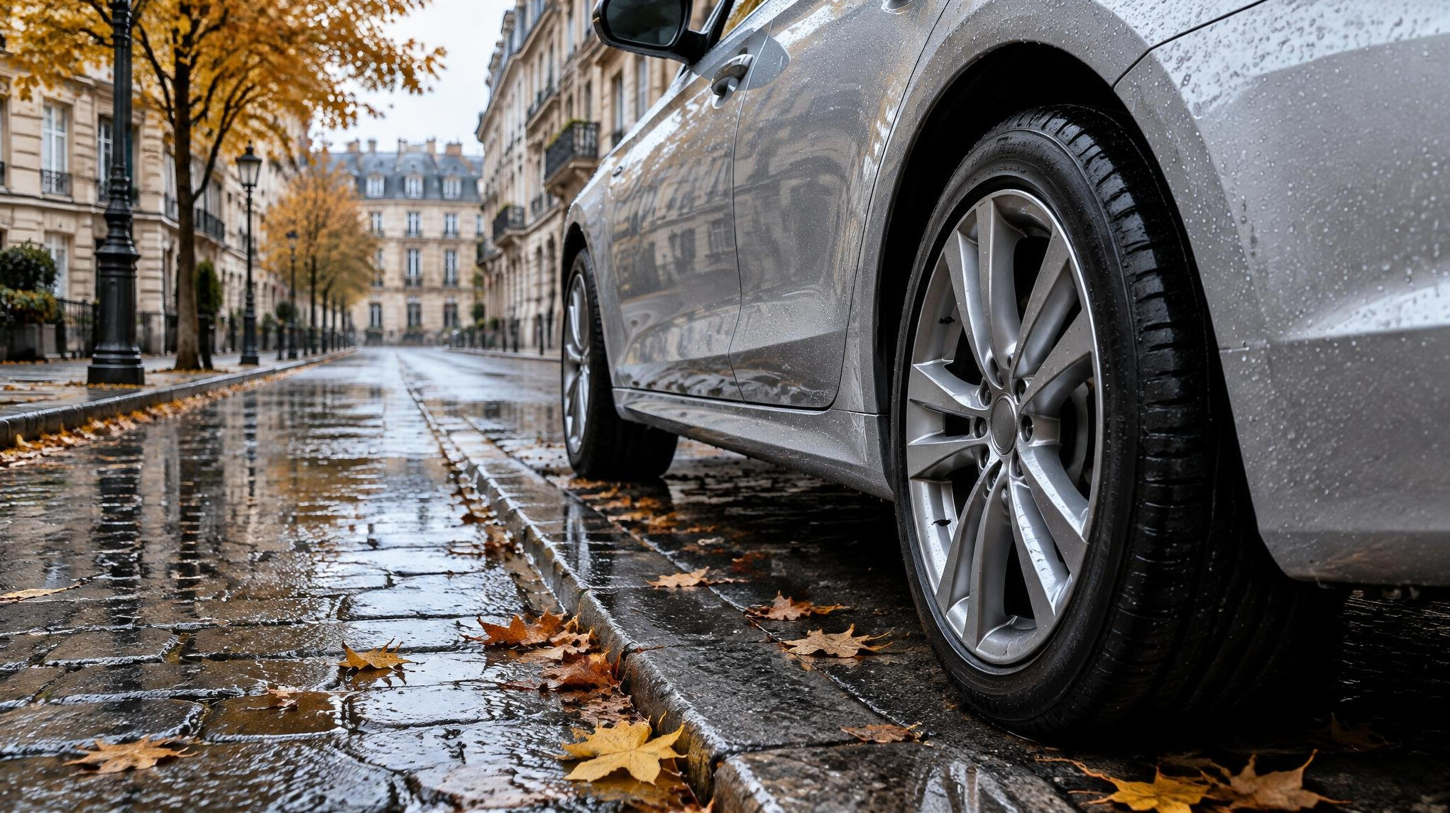 Car parked on a wet European street with visible lower body panels