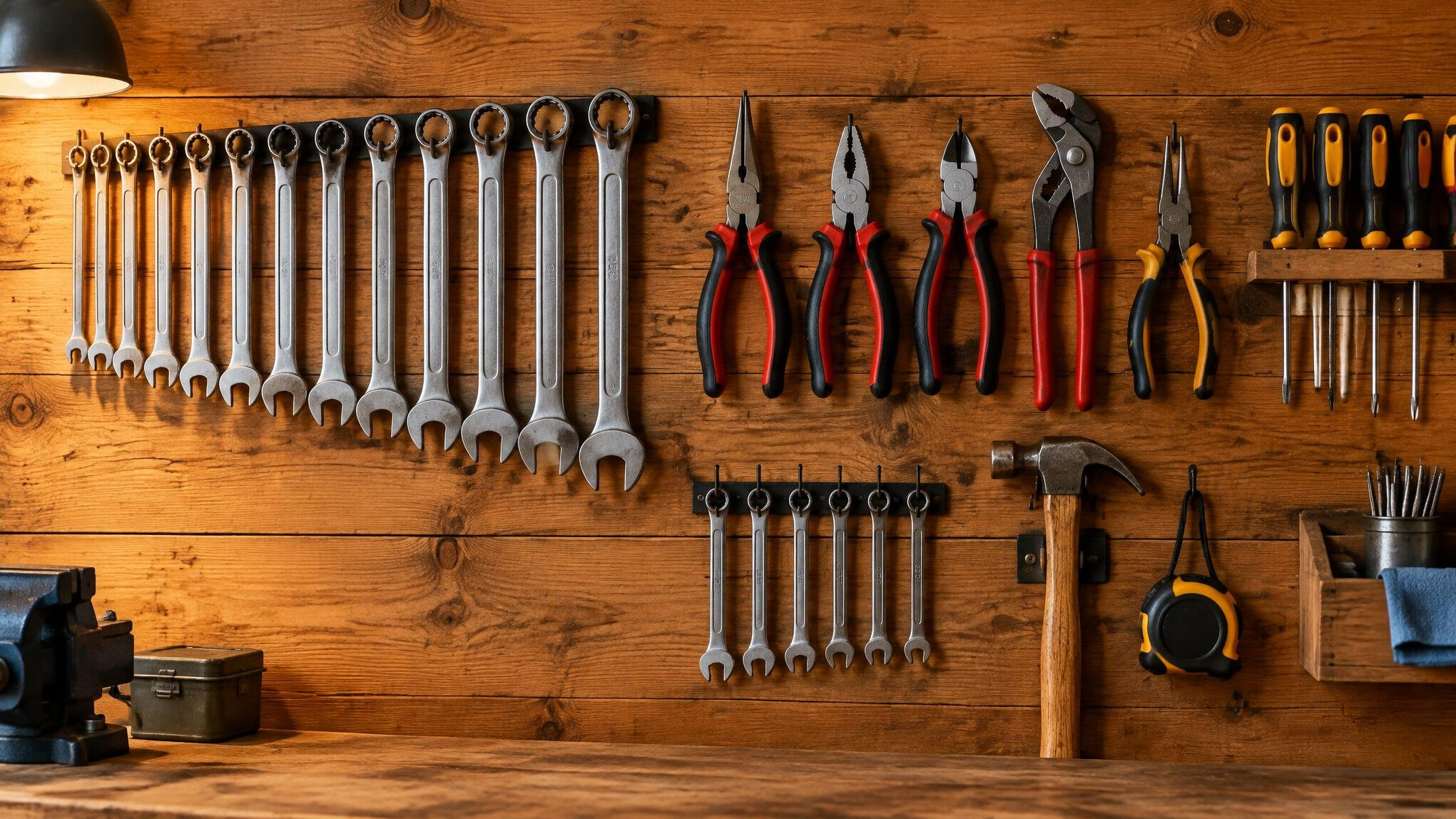 Hand tools hanging on a workshop wall