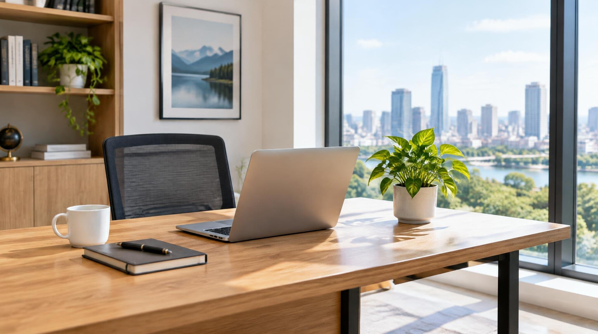 Bright modern office interior with a desk and a laptop